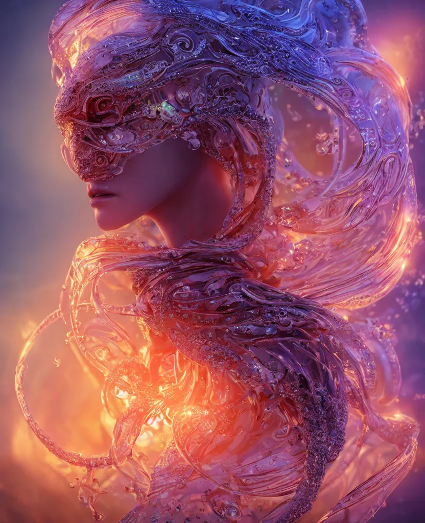 Image similar to close-up macro portrait of the face of a beautiful princess, epic angle and pose, symmetrical artwork, 3d with depth of field, blurred background, cybernetic jellyfish female face skull phoenix bird, translucent, nautilus, energy flows of water and fire. a highly detailed epic cinematic concept art CG render. made in Maya, Blender and Photoshop, octane render, excellent composition, cinematic dystopian brutalist atmosphere, dynamic dramatic cinematic lighting, aesthetic, very inspirational, arthouse. y Greg Rutkowski, Ilya Kuvshinov, WLOP, Stanley Artgerm Lau, Ruan Jia and Fenghua Zhong