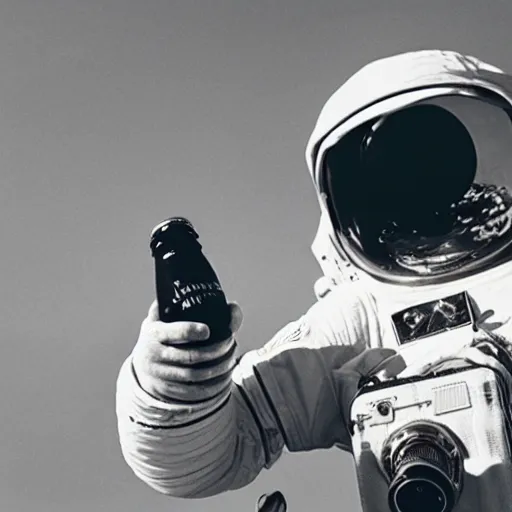 Prompt: an astronaut with a beer bottle and a vintage camera