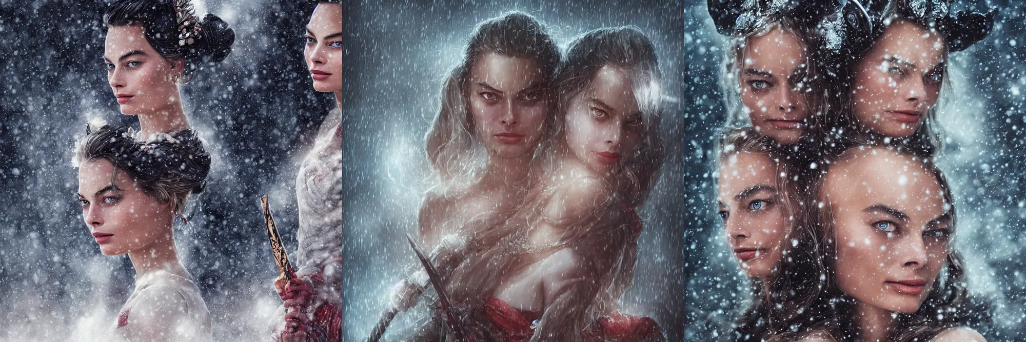 Image similar to a beautiful ultradetailed fantasy character portrait of margot robbie as a geisha wielding a sword by zach sutton and charlie bowater, catchlight in the eyes, trending in behance, close up 50mm portrait photo, bokeh, 4K, during snowfall