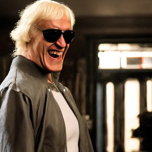 Image similar to Jimmy Saville as Punisher, cinematic, movie still, photorealistic, laughing, 8k,