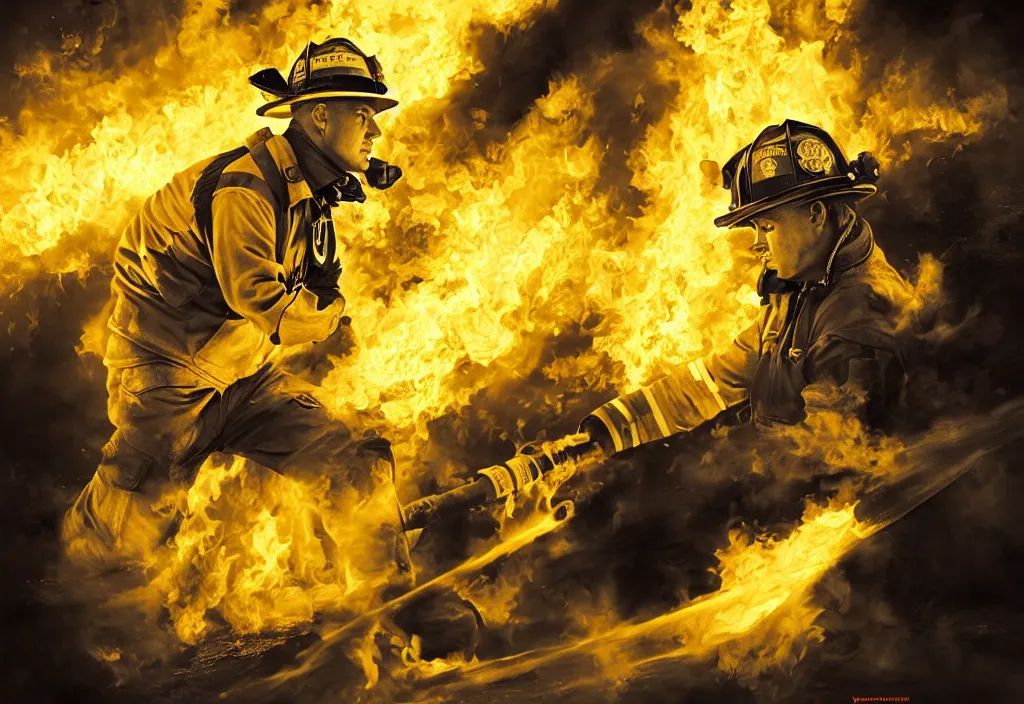 Prompt: one heroic firefighter in action in black and yellow uniform, fire flames, sharp details, highly detailed, beautiful cinematic light deep focus, elegant, digital painting, smooth, sharp focus, golden ratio, dramatic illumination, ultra realistic, 8 k, illustration, by yerbol bulentayev and murat gul and pablo olivera and greg rutkowski, bloom, dramatic lighting