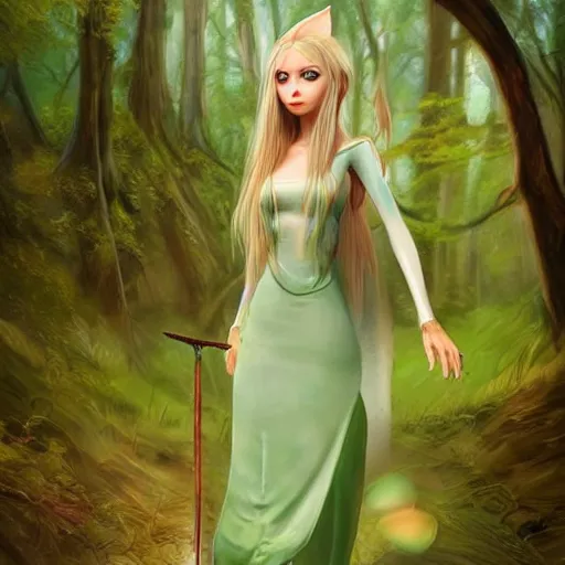 Image similar to a realistic portrait of a realistic female elf with a long withe and light green dress holding a scepter walking in the woods , perfect and hyperrealistic ultra detailed face, by WLOP