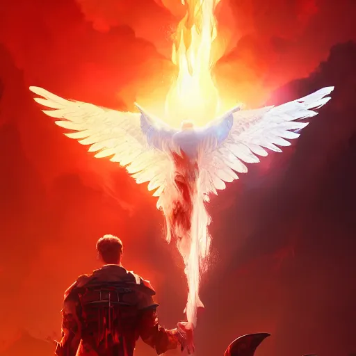 Image similar to white fire hovering over an open Bible icon, red back drop, cgsociety, artstationhq, digital art, detailed