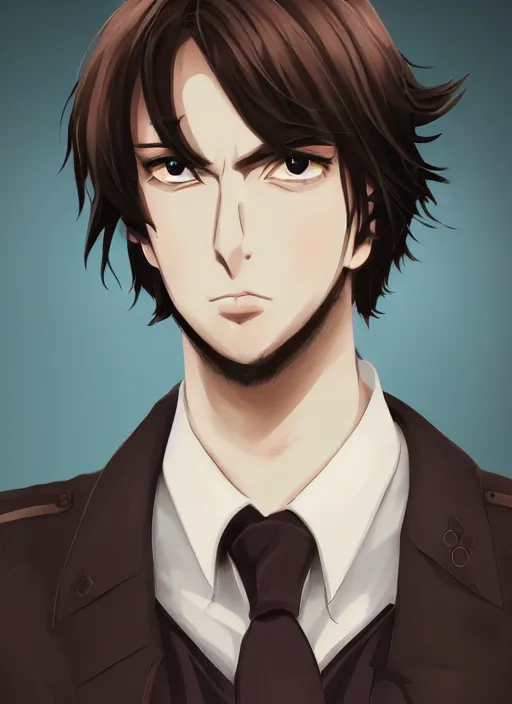 Image similar to anime style portrait illustration, handsome male vampire, focus on face, pretty, cinematic lighting, painterly, long black hair, dark blue shirt and light brown trenchcoat