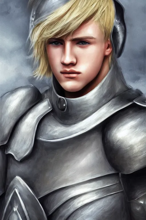 Prompt: a blonde male teenager wearing a silver plate armor, digital painting, digital art, oil painting, masterpiece, realistic and detailed face, profile picture, realistic, highly detailed, high quality, symmetrical, low contrast, trending on deviantart, soft colors, soft lighting, face portrait, beautiful, elegant, castle in the background, bokeh, artgem style