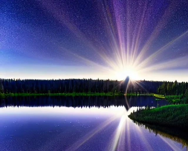 Image similar to canon, 300mm, bokeh, 16k serene beautiful landscape photography of a hypereal spaceship flying at incredible momentum through the sky at night. lake reflections in the foreground. sun rays shining through the trees. lens flare. moonlit, dramatic lighting by Marc Adamus on mushrooms.