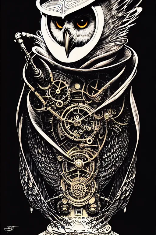 Prompt: side view of majestic steampunk anthropomorphic owl alchemist cloaked wizard, high details, bold line art, by vincent di fate and joe fenton, inking, etching, screen print, masterpiece, trending on artstation, sharp, high contrast, hyper - detailed,, hd, 4 k, 8 k