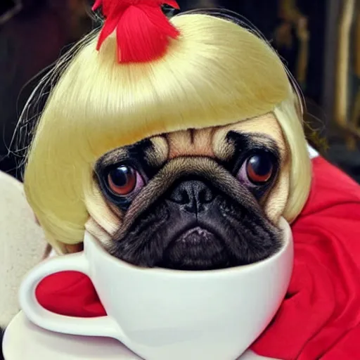 Image similar to pug wearing a blonde wig sipping some tea