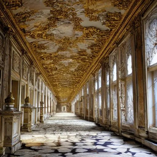 Image similar to inside opulent abandoned overgrown Palace of Versailles ,rplants growing through the floors and walls, walls are covered with vines, dusty golden volumetric light shines through giant broken windows, rich with epic details