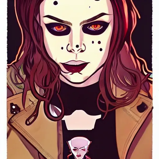 Image similar to Jamie McKelvie comic art, loish, Alphonse Mucha, pretty female Samara Weaving vampire, very sharp vampire fangs teeth, bloody blood on face face, sarcastic smile, symmetrical eyes, symmetrical face, brown leather jacket, jeans, long black hair, full body, bright colors, highly saturated