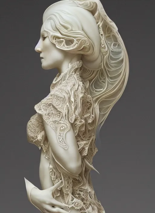 Image similar to opalescent marble sculpture of beautiful woman, mandelbulb, ivory carving, fractal paisley inlay, lace, intricate, lace, elegant, highly detailed, artgerm, lace, by ruan jia and greg rutkowski