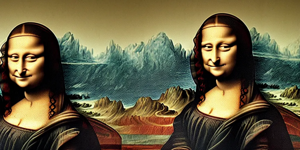 Prompt: mona lisa is laughing and looking to marcel duchamp and his artworks