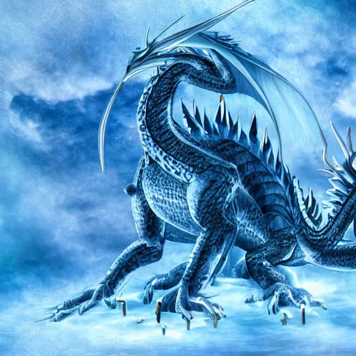 Prompt: the ice dragon that has lain dormant for centuries is awakening.