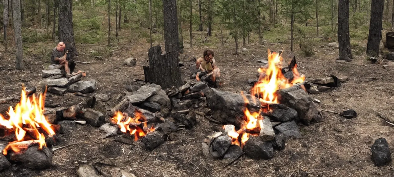 Prompt: Caveman building a fire, photorealistic.