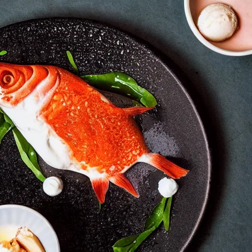 Image similar to high resolution photo of fish with ice cream, michelin star, very tasty, food photography, instagram, trending