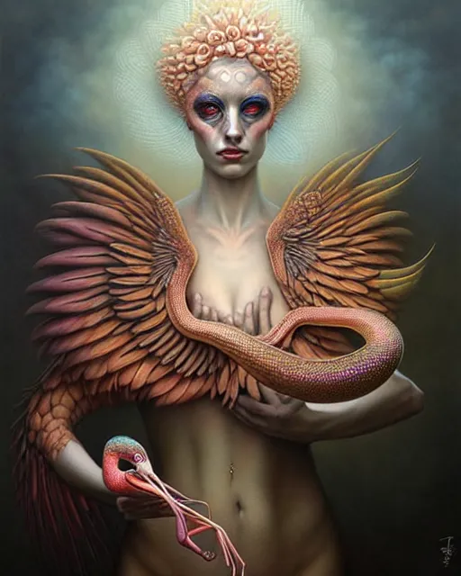 Image similar to a detailed portrait of dreampunk goddess ( flamingo ) ( python ) hybrid mix beautiful! ( ( smoke ) ) by tomasz alen kopera and peter mohrbacher