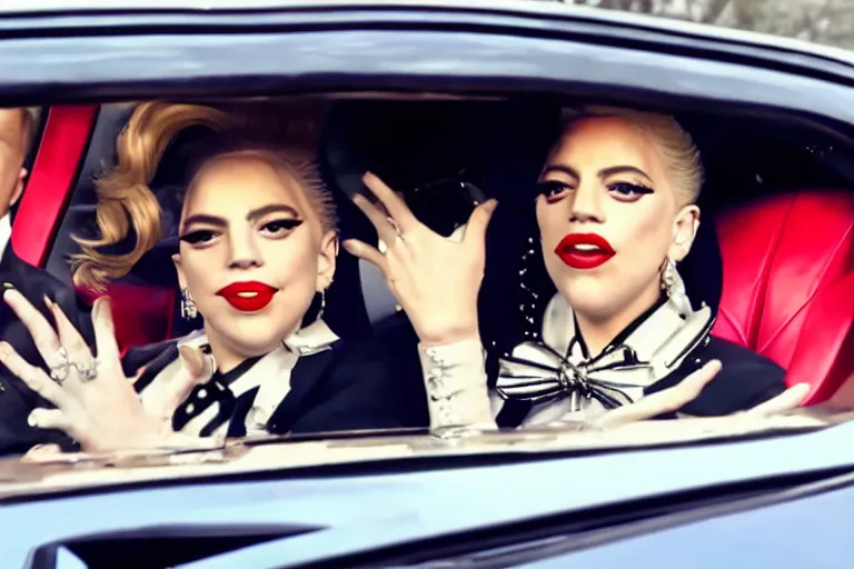 Image similar to carpool karaoke screenshot of lady gaga and judy garland, highly realistic, highly detailed, high resolution, 8 k 4 k,