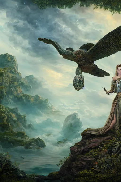 Image similar to A fantasy book style portrait painting of the Great Turtle Island at the center of the Universe, accompanied by a hybrid, Anya_Taylor-Joy, Cory Chase, Eva Green, as a Mystical Valkyrie, Anubis-Reptilian, Atlantean Warrior, François Boucher, Oil Painting, unreal 5, DAZ, hyperrealistic, octane render, Regal, Refined, Detailed Digital Art, RPG portrait, Walt Disney (1937), William-Adolphe Bouguereau, Michael Cheval, Steampunk, Volumetric Golden dappled dynamic lighting, Highly Detailed, Cinematic Lighting, Unreal Engine, HD, 8k, HD