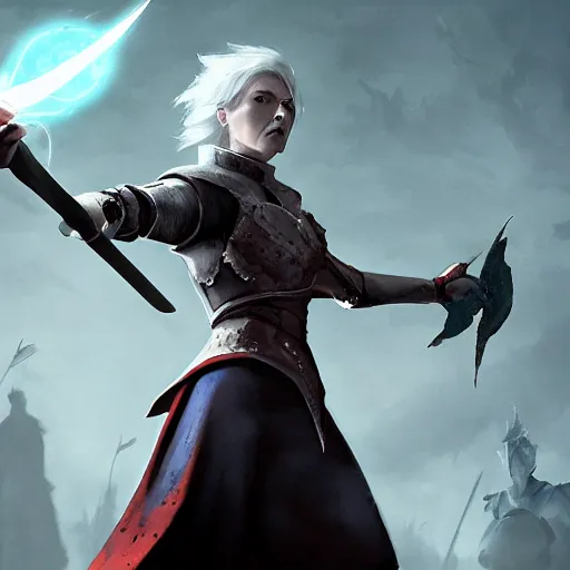 Prompt: dragon age character wynne, 5 0 years old woman ash white long hair tied bun, holding long staff red orb, casting blue magic, screaming, background full of war silhouettes, fighting darkspawn, full body, epic, d and d, cinematic, dynamic lighting, concept art, rich color, bioware, by greg rutkowski
