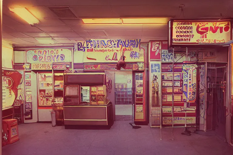 Image similar to large metallic skull attached to a tower of thick coiled power cable, stoic and calm, inside of an unlit 1970s convenience store, ektachrome photograph, volumetric lighting, f8 aperture, cinematic Eastman 5384 film