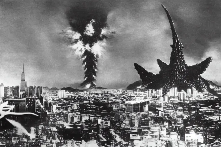 Image similar to a filmstill of Kim Jong-il and a Starro Kaiju monster destroying Pyongyang, in Godzilla (1954) by Ishirō Honda, traditional Korean city, palace, epic ultrawide shot, cinémascope