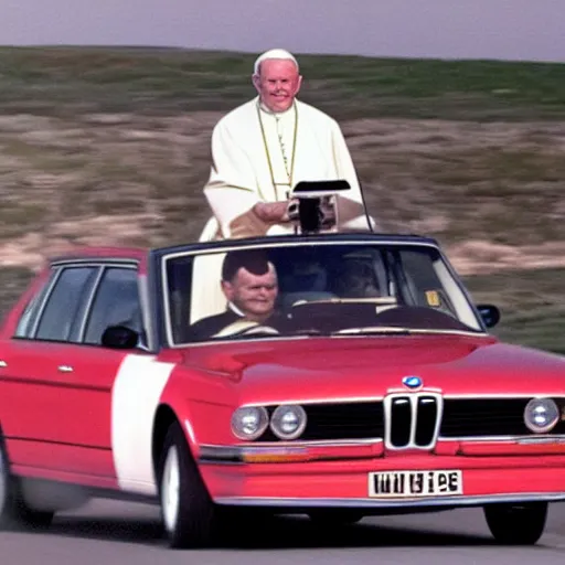 Prompt: a high-quality photo of john paul II drifting like a pro in his BMW pope mobile