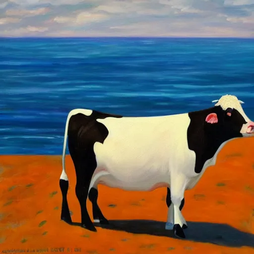 Image similar to a painting of a cow in the ocean, art