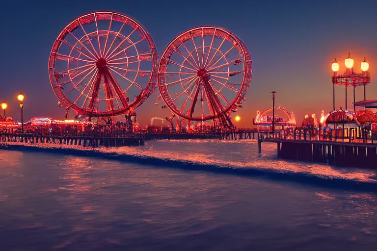 Prompt: Digital Matte Illustration of a beautiful dark Galveston Pleasure Pier night with ferris wheel, roller coaster and lighted swing, in the style of Greg Rutkowski