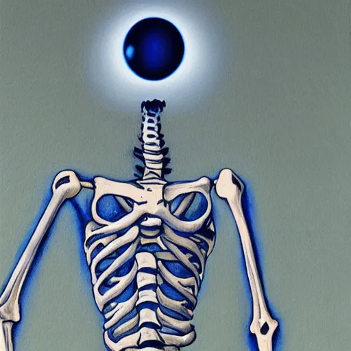 Image similar to skeleton with blue glowing eye, painting