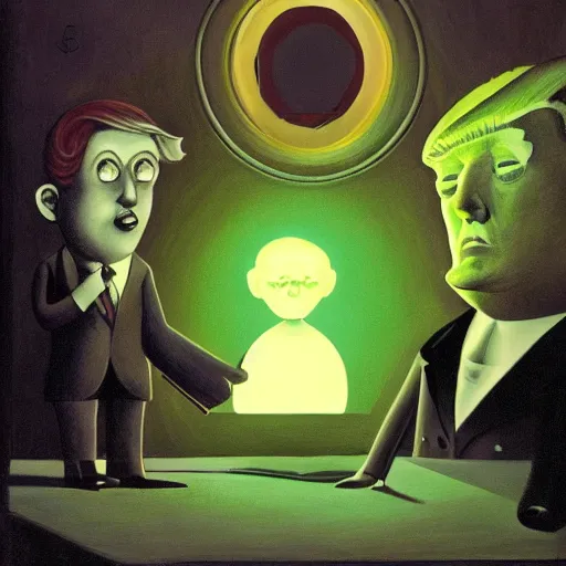 Prompt: donald trump, art by charles samuel addams, trending on artstation, dramatic lime lighting top view fantastic planet, holography, avant - garde, 3 d render, existentialism