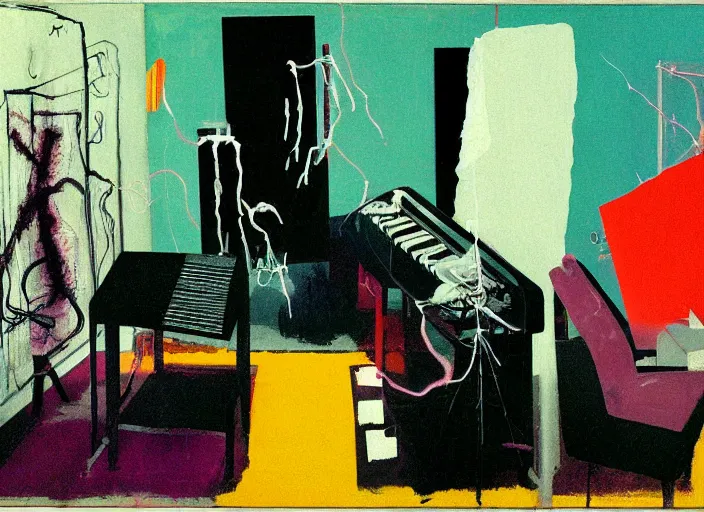 Prompt: room with synthesizers connected to the person through wires, black clothes, white eyes, grotesque, doomed, acrylic paint, high resolution gouache on canvas, ugly vibrant colors, grotesque, wrapped thermal background, art francis bacon