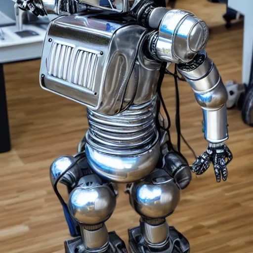 Prompt: chrome industrial robot covered with circuits, photorealistic