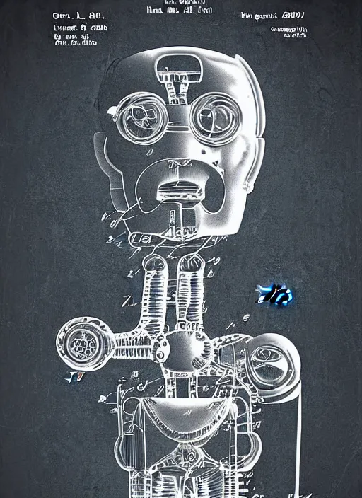 Image similar to patent drawing of a robotic david lynch by leonardo davinci, illustrations, intricate writing, concept art, labels, highly detailed