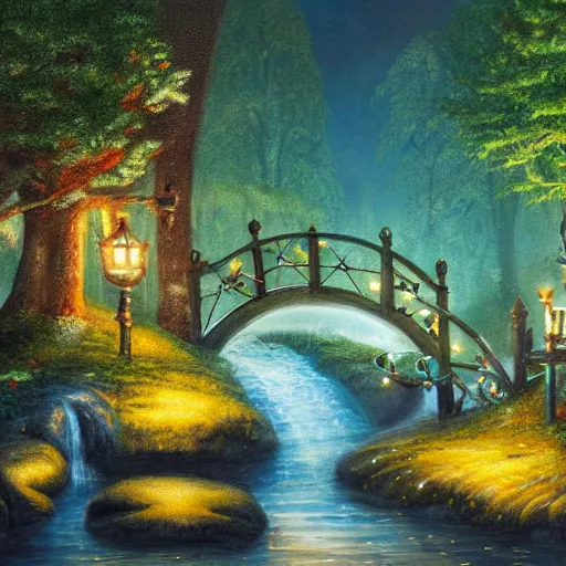 Image similar to painting, high detail, woodland village, in the night, fantasy, crescent moon, stone paths, bridge, water stream, luminous, toadstools, fireflies, fantasy,, flowers, waterfall, lanterns, mist, highly detailed painting, fine lines, 8 k realistic, sharp focus