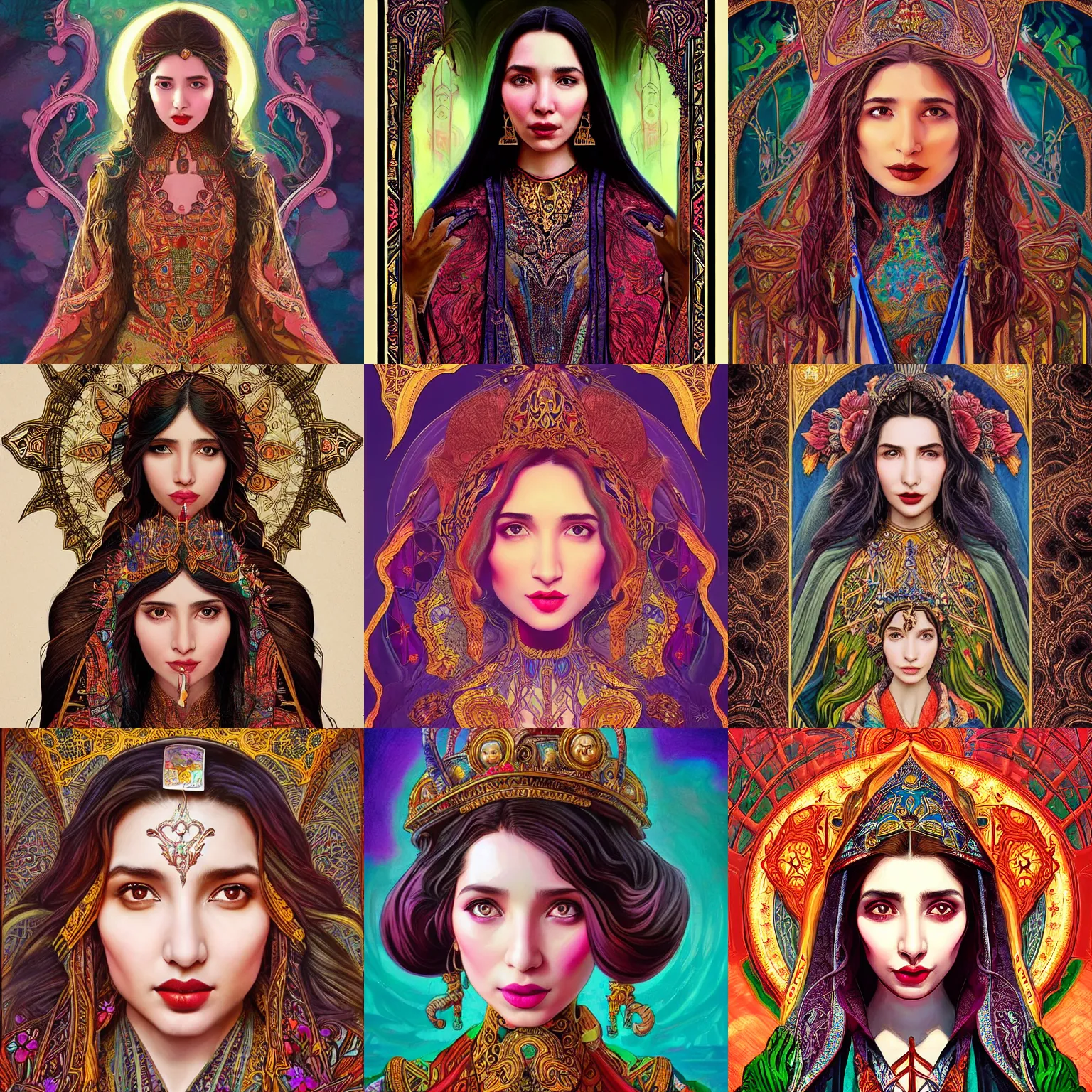 Prompt: head-on symmetrical centered painted portrait, Mahira Khan as a D&D wizard, shoulders up, ornate colourful robes, art nouveau, tarot card style, fantasy, intricate, elegant, highly detailed, smooth, sharp focus, illustration, artstation, in the style of Artgerm and Anna Podedworna and Alex Ross and Mucha