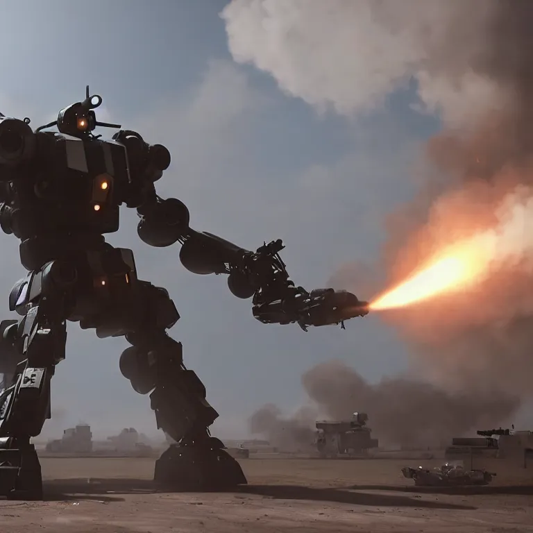 Image similar to Giant police mech fires rockets at helicopter,cinematic lighting, highly detailed, 4k octane render