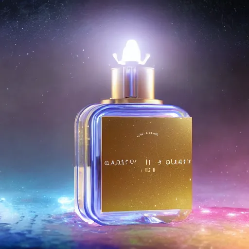 Image similar to perfume in galaxy gift box, highly detailed, concept art, realistic, octane render, unreal engine, up close shot