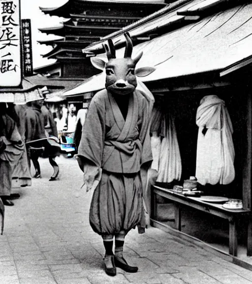 Image similar to 1 8 th century japanese street market in kyoto 1 9 0 0 s early photography portrait anthro anthropomorphic deer head animal person fursona wearing clothes street trader