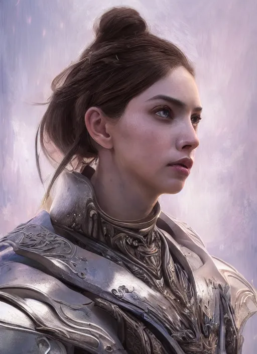 Image similar to a professional portrait of a beautiful young female, clothed in ethereal battle armor, olive skin, long dark hair, beautiful bone structure, symmetrical facial features, intricate, elegant, digital painting, concept art, smooth, sharp focus, finely detailed, illustration, from Valerian and the City of a Thousand Planets, in the style of Ruan Jia and Mandy Jurgens and Artgerm and Greg Rutkowski and William-Adolphe Bouguerea