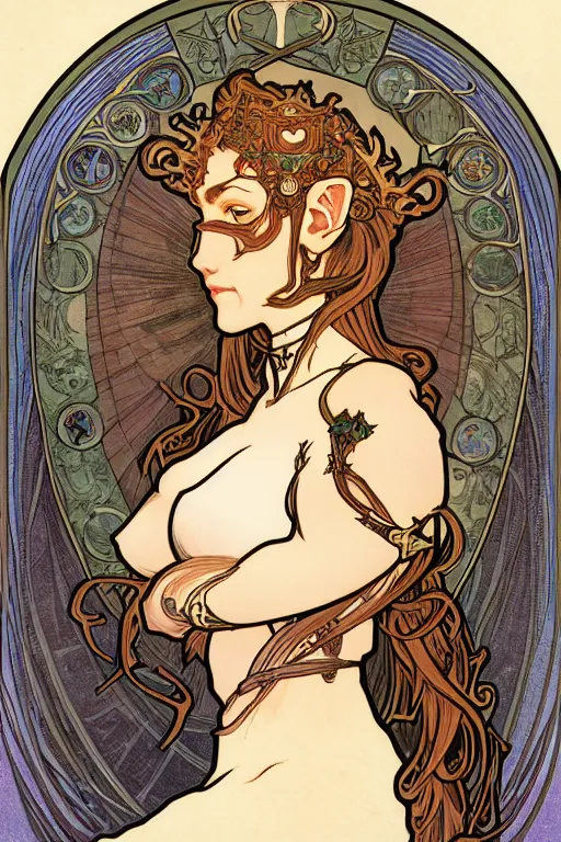 Prompt: head and shoulders portrait of an eldritch knight, elf, beautiful, female, breastplate, magical, high fantasy, d & d, by alphonse mucha, face details, extremely detailed, digital illustration