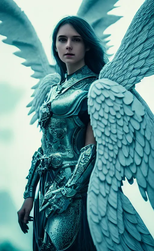 Image similar to angel, big wings, low key light, full plate armor with cloth, f 2. 8, bokeh, medium portrait, gentle, female, dark ruins, landscape, d & d, fantasy, intricate, elegant, highly detailed, teal white gold color palette, roger deakins, sharp focus, greg rutkowski and alphonse mucha