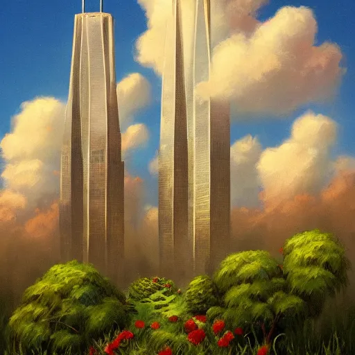 Prompt: a concept painting in the style of esao andrews of the World Trade Center Twin Towers with beautiful dramatic clouds, dappled lighting, lush landscaping, shrubs and flowers. esao andrews, trending on artstation