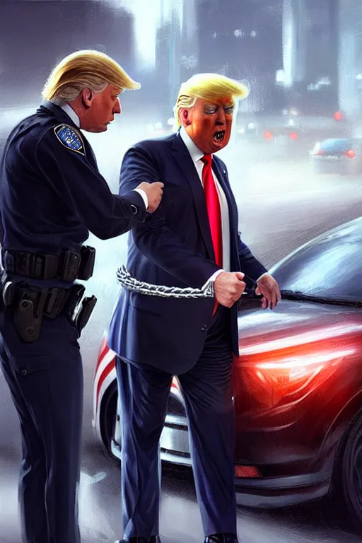 Prompt: donald trump being handcuffed by a police officer front of a police car, elegant, real life skin, intricate, high detailed, artstation, concept art, smooth, sharp focus, art by artgerm and greg rutkowski