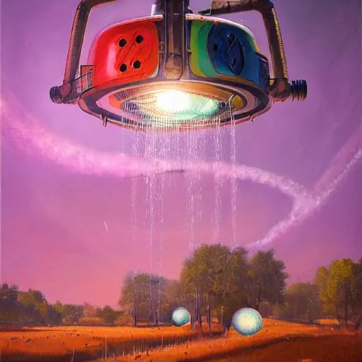 Prompt: a beautiful painting by thomas brom trending on artstation A farm of disco balls, by beeple and james gurney trending onartstation A supersonic irrigation device invented in the woodmarked plain