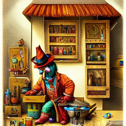 Image similar to Anthropomorphized parrot trader in his shop, presenting his wares, portrait, items, magic potions, carpet, window, fancy hat, sly expression , cunning expression, cute expression, presenting wares, D&D, fantasy, cinematic lighting, highly detailed, digital painting, artstation, concept art, smooth, sharp focus, illustration, warm light, cozy warm tint, magic the gathering artwork, volumetric lighting, 8k, art by Akihiko Yoshida, Greg Rutkowski