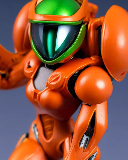 Image similar to helmet portrait of a figurine of samus aran's varia power suit from the sci - fi nintendo videogame metroid. designed by hiroji kiyotake. glossy. red round helmet, orange shoulder pads, green visor. shallow depth of field. suit of armor.