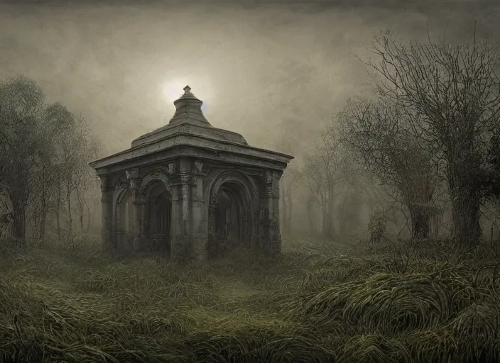 Prompt: matte painting of overgrown mausoleum in a forgotten wasteland, Zdzislaw Beksinski, Lewis Jones, mattias adolfsson, cold hue's, warm tone gradient background