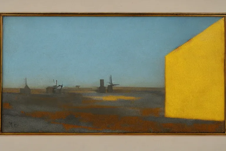 Prompt: tonalist landscape of arctic wasteland with broken windmills, cerulean blue, payne's grey, and yellow ochre, contre - jour, backlighting, sharp detail, linework