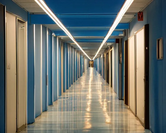 Prompt: a school corridor at night, night time, after hours, low light, blue, color