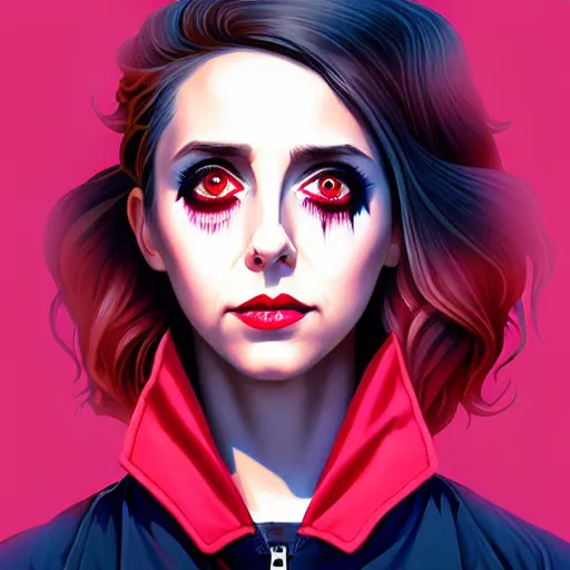 Prompt: loish, artgerm, Joshua Middleton art, pretty female Alison Brie serial killer holding bloody knife in right hand, blood on clothes and face, sarcastic smile, symmetrical eyes, symmetrical face, jean jacket, jeans, short blonde hair, middle shot, night time, deep blacks